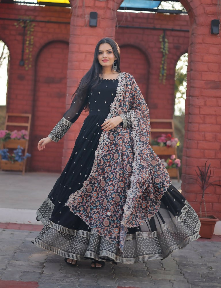 Jyoti Fashion Women's Black Faux Blooming Sequence Zari Embroidered Anarkali Dress with Dupatta | Swadesiicart