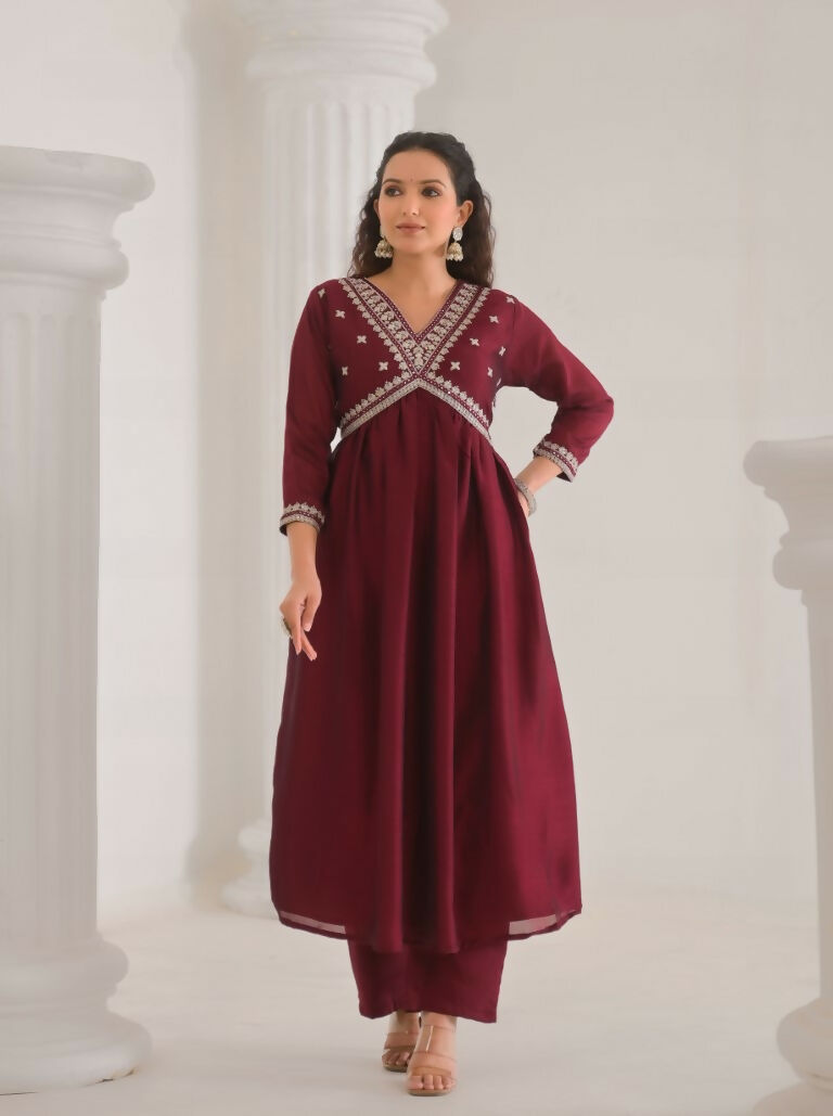 Ethnic Festive Wear Vichitra Silk Wine Stitched Suit With Dupatta - Tanisha | Swadesiicart