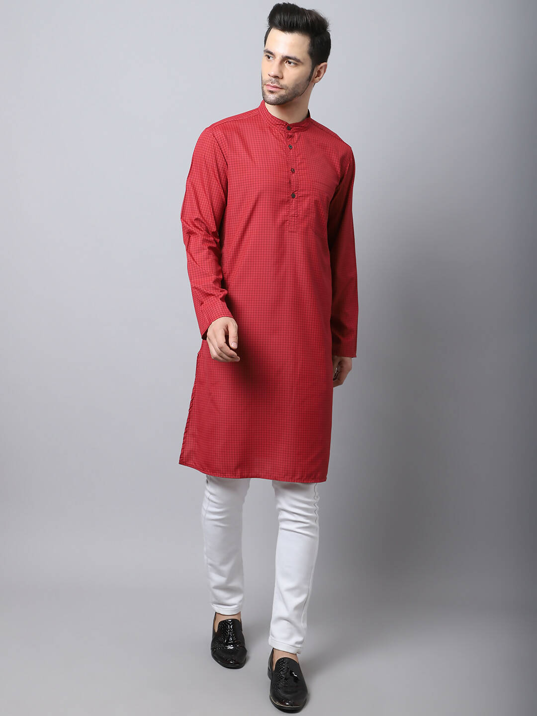 Even Apparels Maroon Cotton Checked Men's Kurta With Band Collar | Swadesiicart