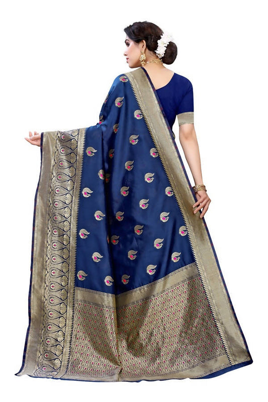 Vamika Banarasi Jacquard Weaving Blue Saree (Siri Blue) | Swadesiicart