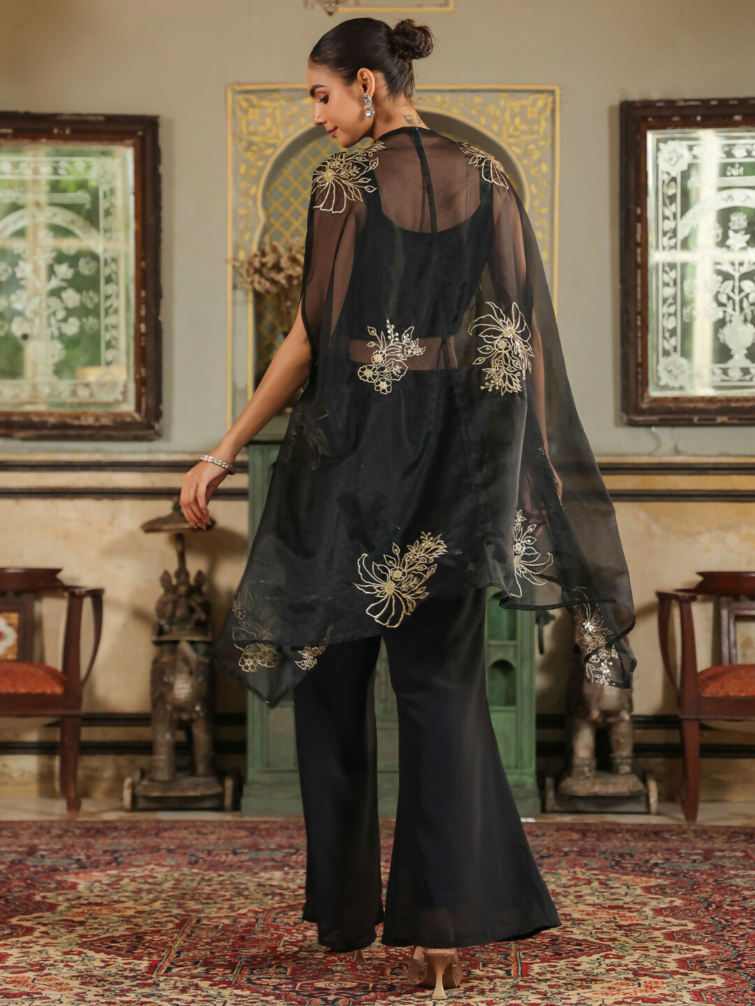 Janasya Black Georgette Solid Top Bottom Cape | Swadesiicart