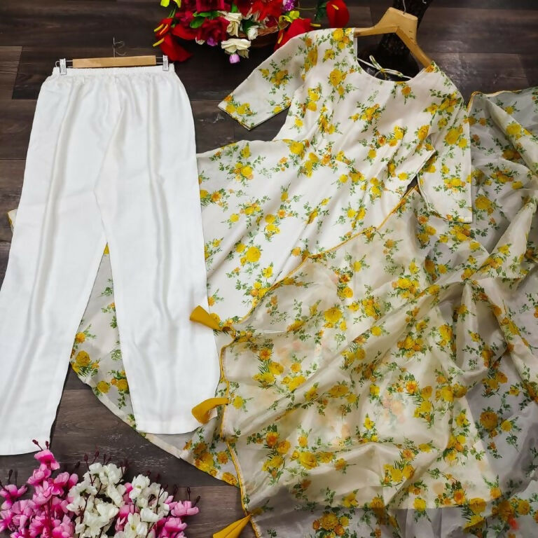 Jyoti Fashion Women's Mehendi Heavy Chanderi Floral Digital Printed Kurta with Trouser & Dupatta | Swadesiicart