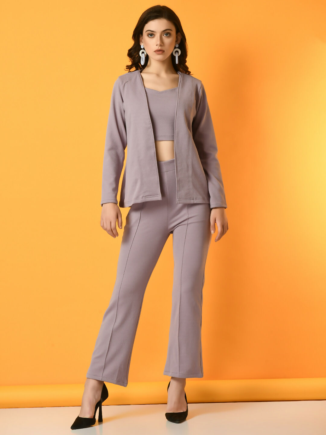 Myshka Women's Lavender Solid Coat With Trousers - Swadesiicart