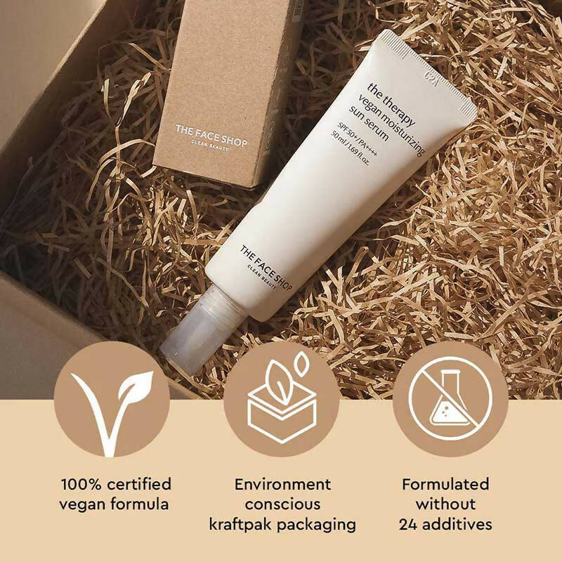 The Face Shop The Therapy Vegan Moisturizing Sun Serum SPF 50+ - Korean Skincare | Swadesiicart