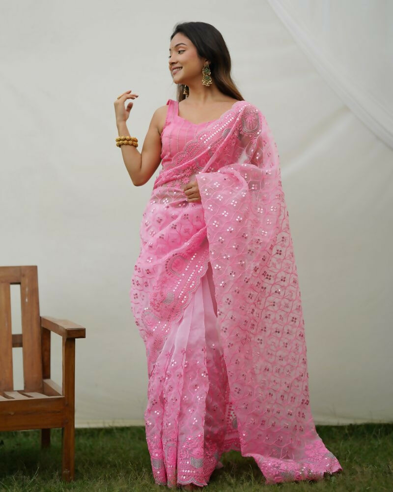 Vamsee Ayra Pink Organza Saree - Swadesiicart