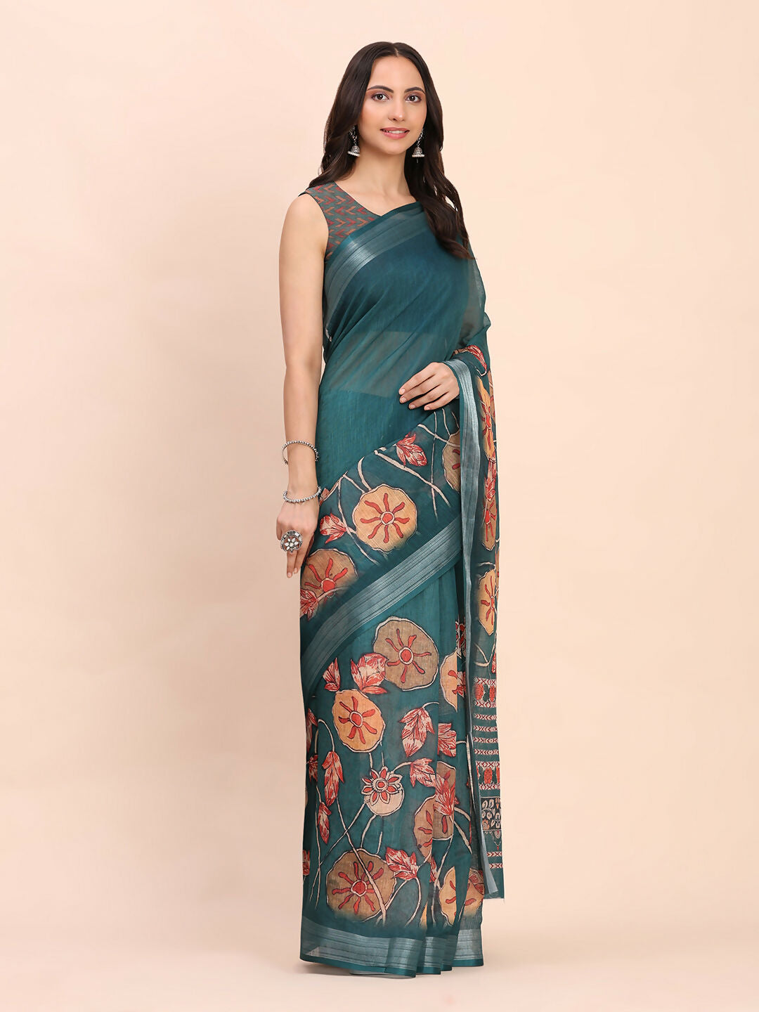 Shree Shyam Fashion Linen Cotton Teal Blue Saree