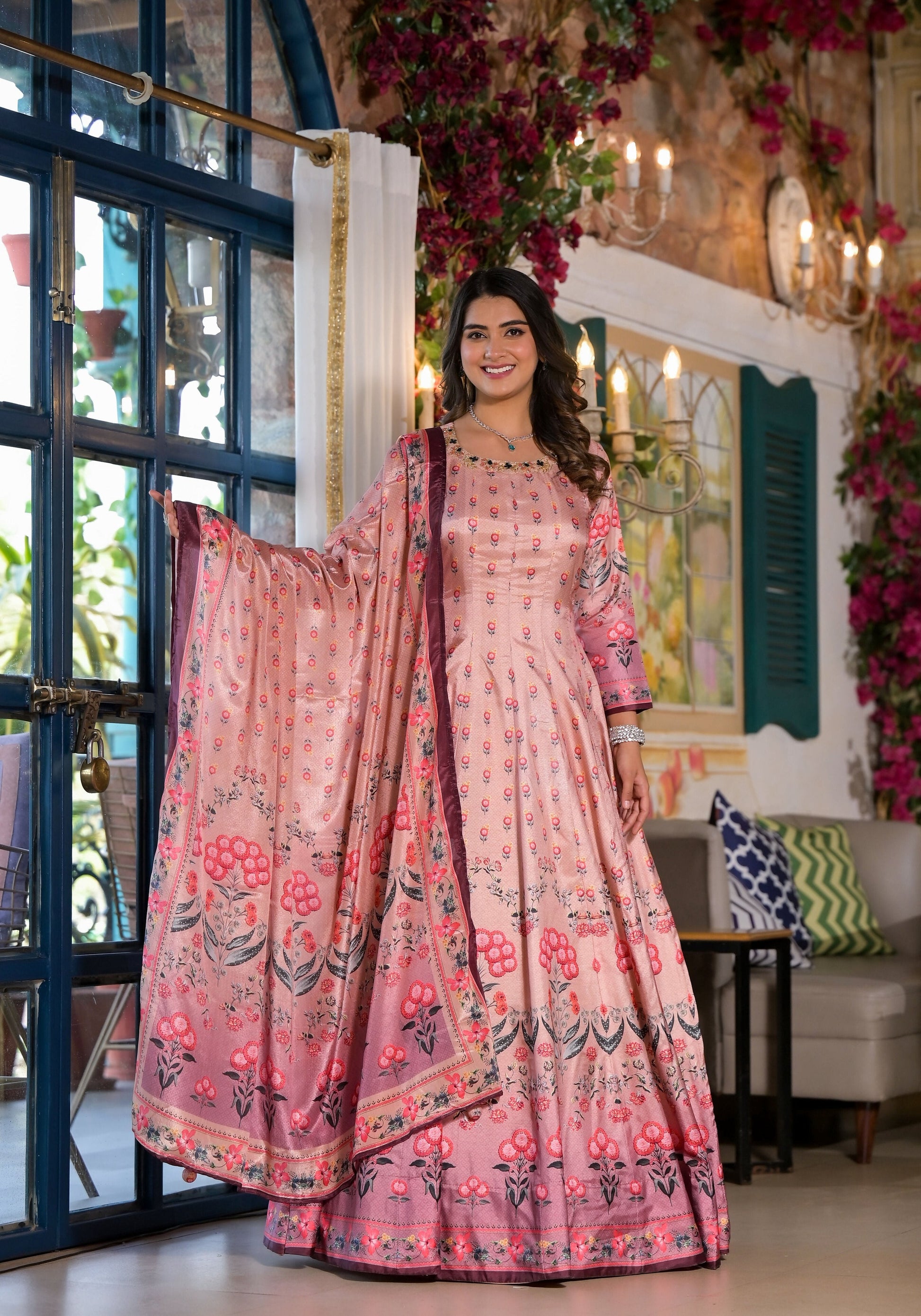 Partywear Designe rPeach Dola Silk Anarkali suit with Dupatta - Samyukta - Swadesiicart