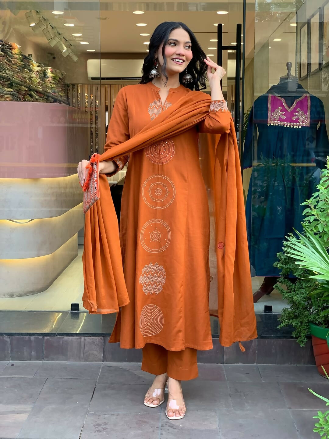 The52 Orange Women's Gorgeous Chanderi Fabric Embroidered Work Straight Kurta Pant and Dupatta Set - Swadesiicart