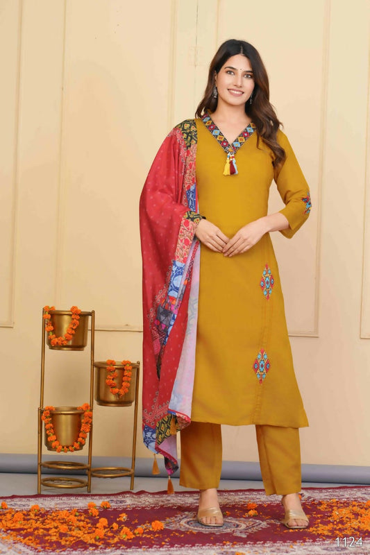 Mustered Viscose Chanderi Embroidered Stitched Suit With Dupatta - Tanisha | Swadesiicart