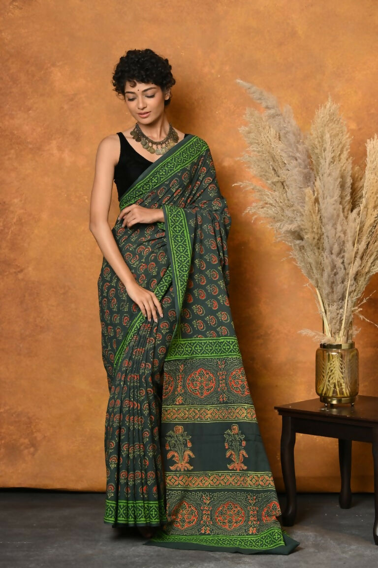 Very Much Indian Handblock Printed Cotton Saree With Natural Dyes - Green | Swadesiicart