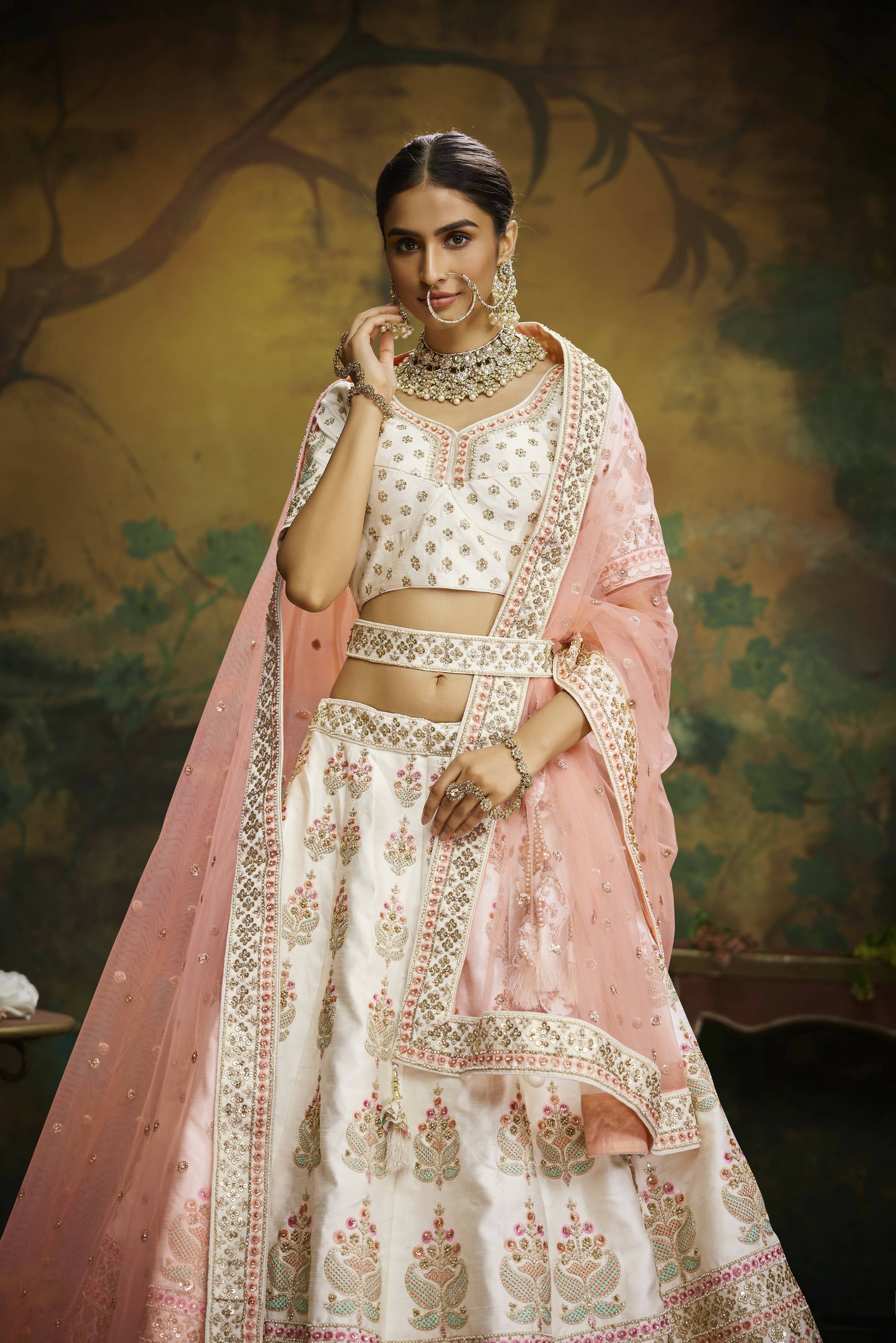 House of Panchhi Off White Pure Silk Moti & Zarkan heavy embroidery Lehenga choli & Dupatta | Swadesiicart