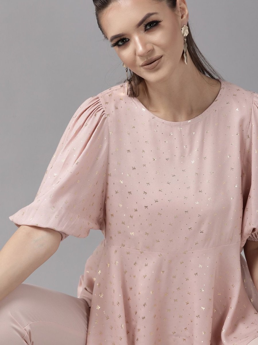 Ahalyaa Women Pink Rayon Gold Foil Print Tunic | Swadesiicart