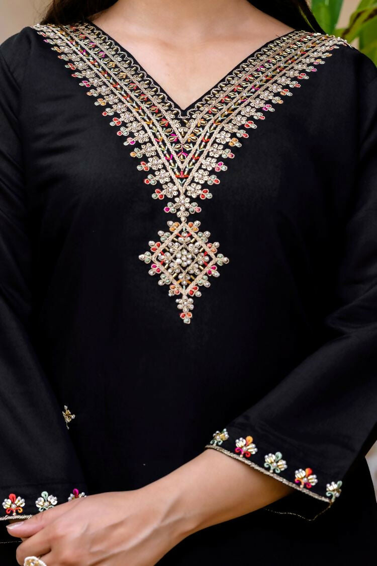 The52 Black Women's Beautiful Viscose Chanderi Fabric Embroidered Work Straight Kurta Pant and Dupatta Set - Swadesiicart