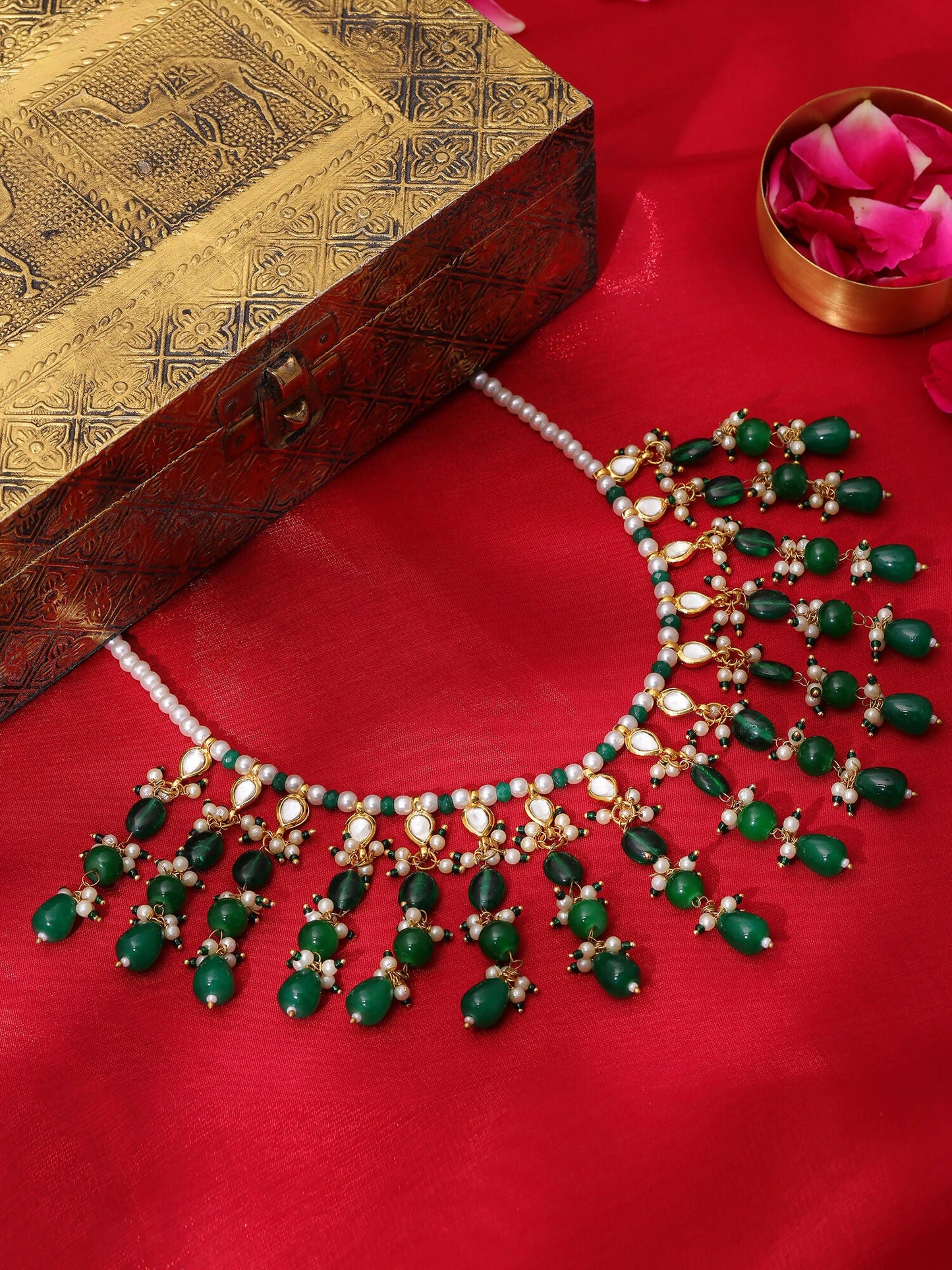 Ruby Raang Green Kundan And Emerald Collar Necklace | Swadesiicart