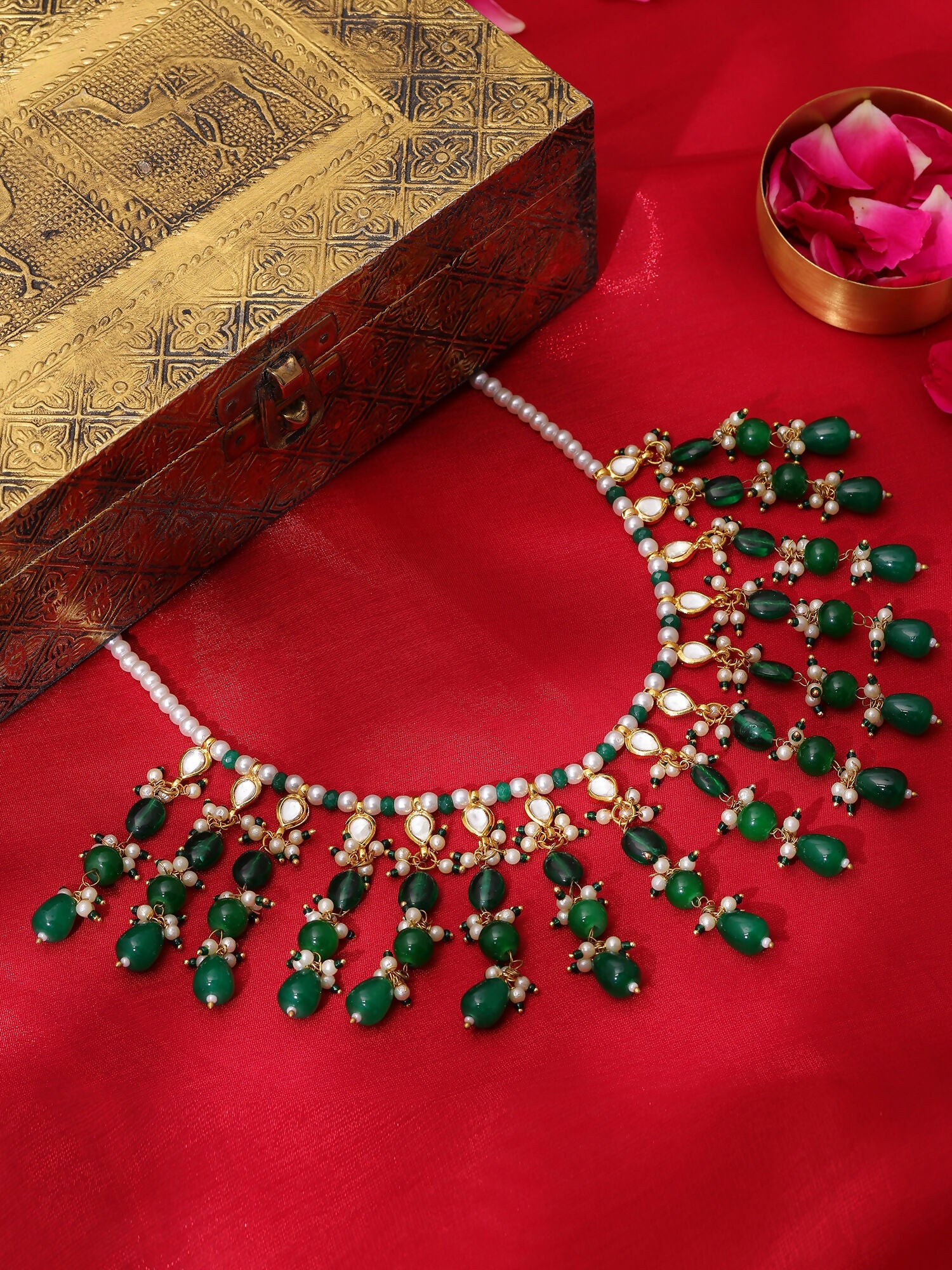 Ruby Raang Green Kundan And Emerald Collar Necklace | Swadesiicart