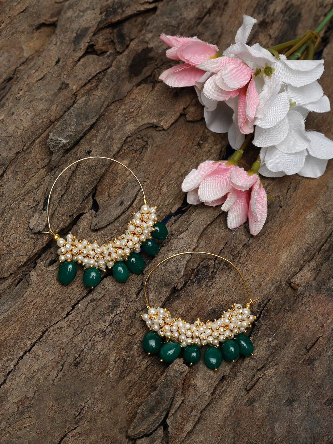 Pearl & Emerald Loops - Ruby Raang | Swadesiicart