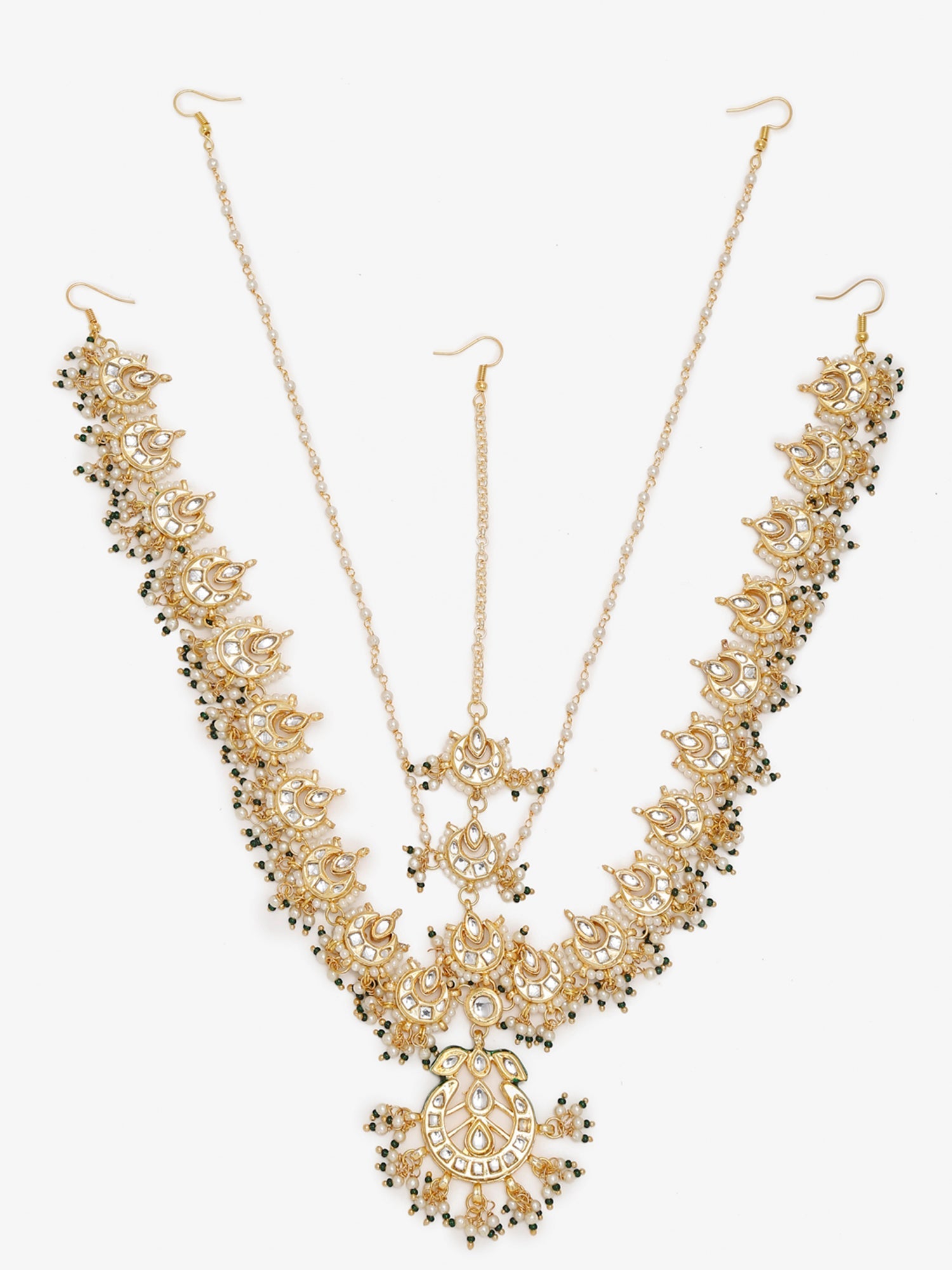 Gold-Polished White Kundan-Studded Beaded Maharani Matha Patti - Ruby Raang | Swadesiicart