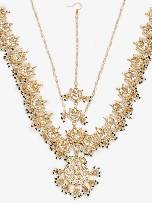 Gold-Polished White Kundan-Studded Beaded Maharani Matha Patti - Ruby Raang | Swadesiicart