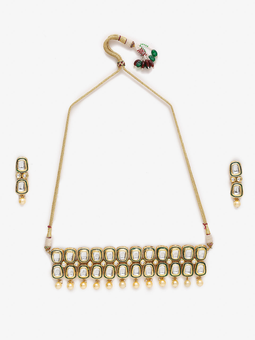 White Gold Toned Meenakari Kundan Choker With Earrings - Ruby Raang | Swadesiicart