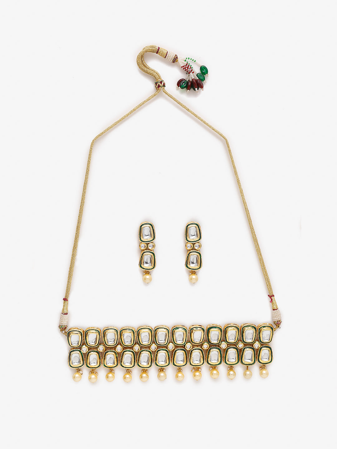 White Gold Toned Meenakari Kundan Choker With Earrings - Ruby Raang | Swadesiicart