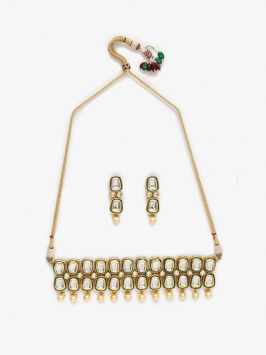 White Gold Toned Meenakari Kundan Choker With Earrings - Ruby Raang | Swadesiicart