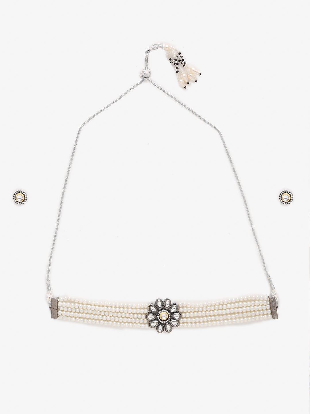 Silver-Plated Kundan Pearl Choker With Studs - Ruby Raang | Swadesiicart