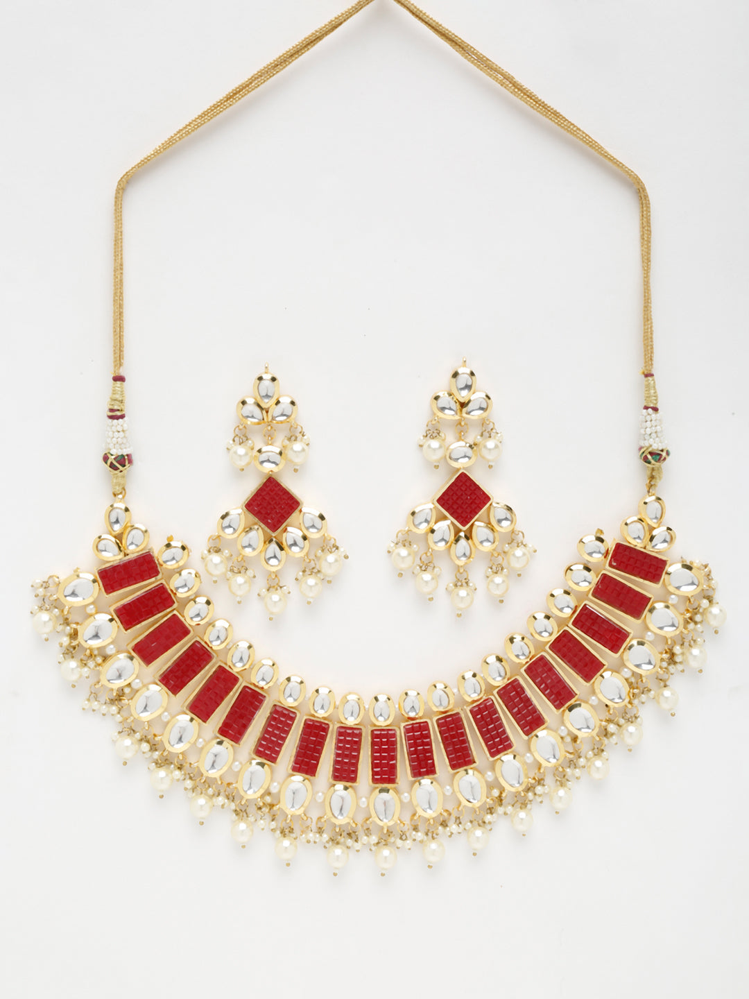 Long Kundan Neckpiece With Earrings - Ruby Raang - Swadesiicart