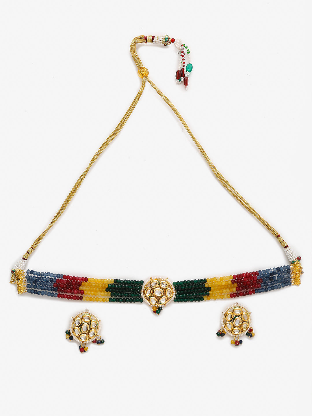 Multicoloured Kundan-Studded Beaded Choker Jewellery Set - Ruby Raang | Swadesiicart