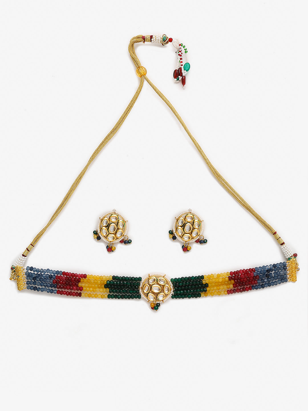 Multicoloured Kundan-Studded Beaded Choker Jewellery Set - Ruby Raang | Swadesiicart