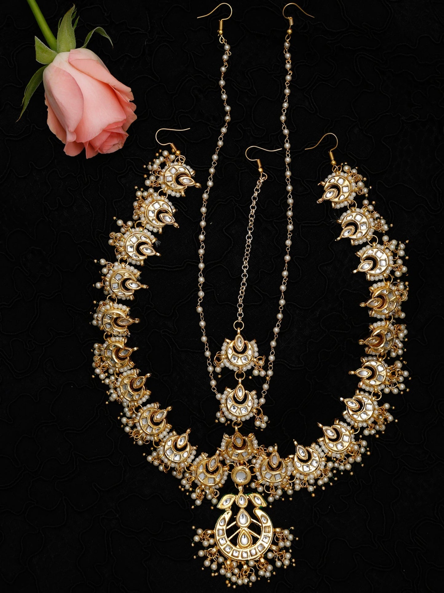 Gold-Polished White Kundan-Studded Beaded Maharani Matha Patti - Ruby Raang | Swadesiicart