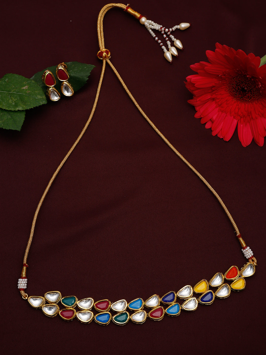Multioloured Kundan Studded Choker Jewellery Set - Ruby Raang | Swadesiicart