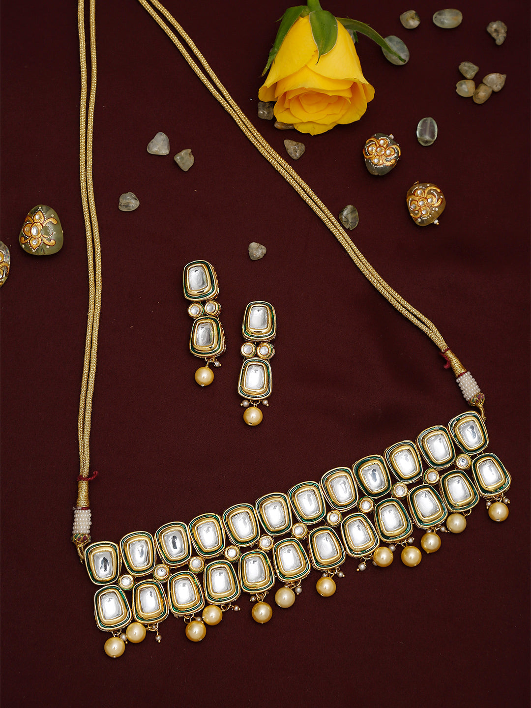 White Gold Toned Meenakari Kundan Choker With Earrings - Ruby Raang | Swadesiicart