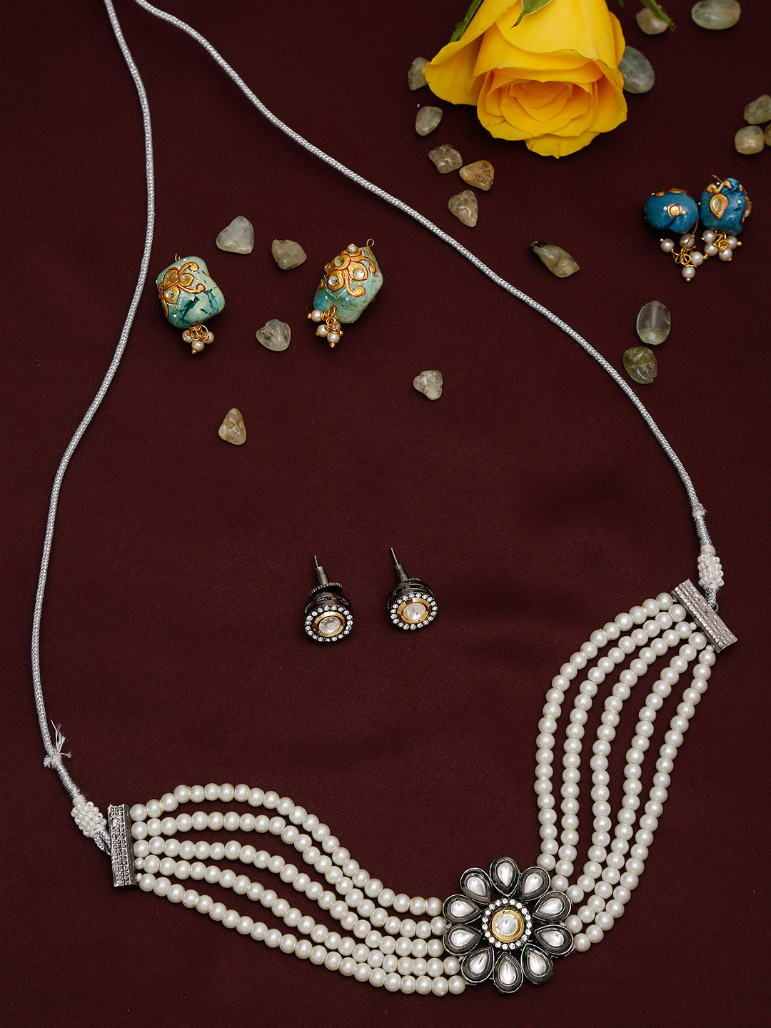 Silver-Plated Kundan Pearl Choker With Studs - Ruby Raang | Swadesiicart
