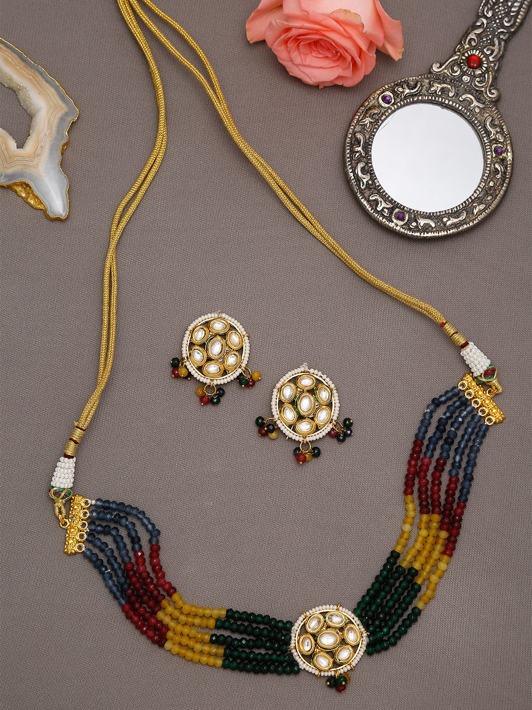 Multicoloured Kundan-Studded Beaded Choker Jewellery Set - Ruby Raang | Swadesiicart