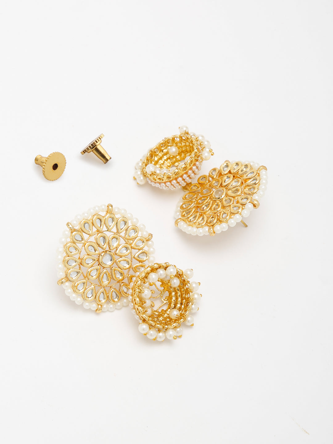 Gold White Kundan Studded Dome Shaped Jhumka Earrings - Ruby Raang | Swadesiicart