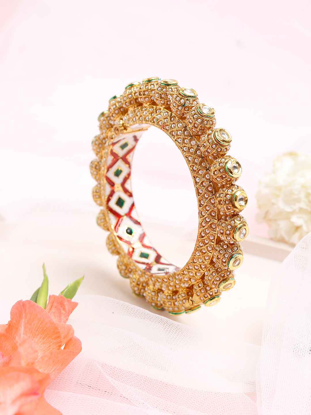 Gold-Polished White Pearl Studded Beaded Bangle - Ruby Raang - Swadesiicart