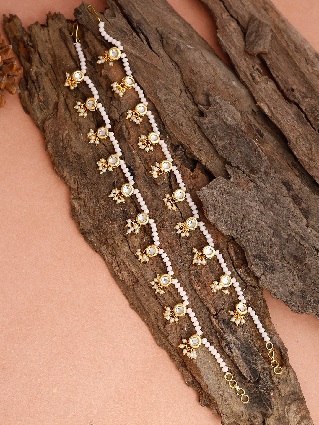 Gold-Polished White Handcrafted Kundan Set Of 2-Studded Beaded Anklets - Ruby Raang | Swadesiicart