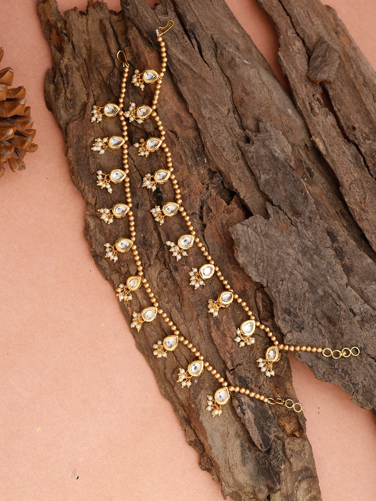 Gold-Polished White Kundan Set Of 2 Anklets - Ruby Raang | Swadesiicart