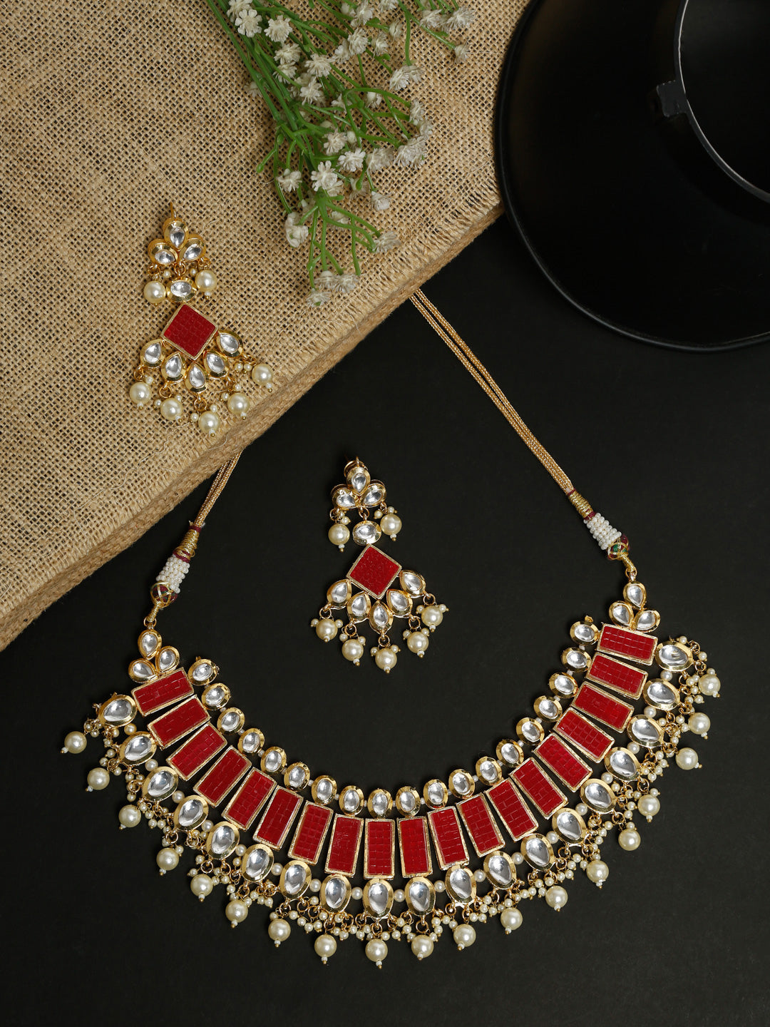 Long Kundan Neckpiece With Earrings - Ruby Raang - Swadesiicart