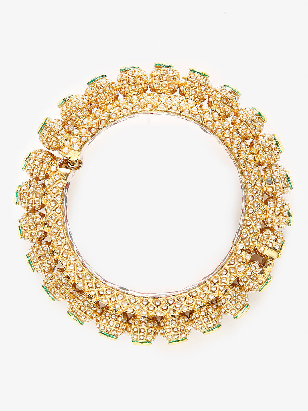 Gold-Polished White Pearl Studded Beaded Bangle - Ruby Raang - Swadesiicart