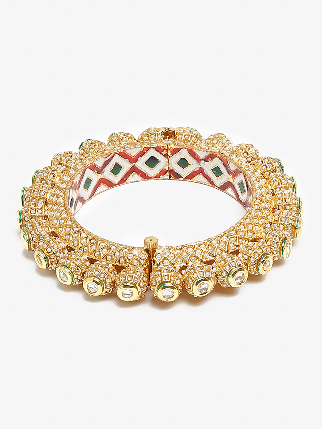 Gold-Polished White Pearl Studded Beaded Bangle - Ruby Raang - Swadesiicart