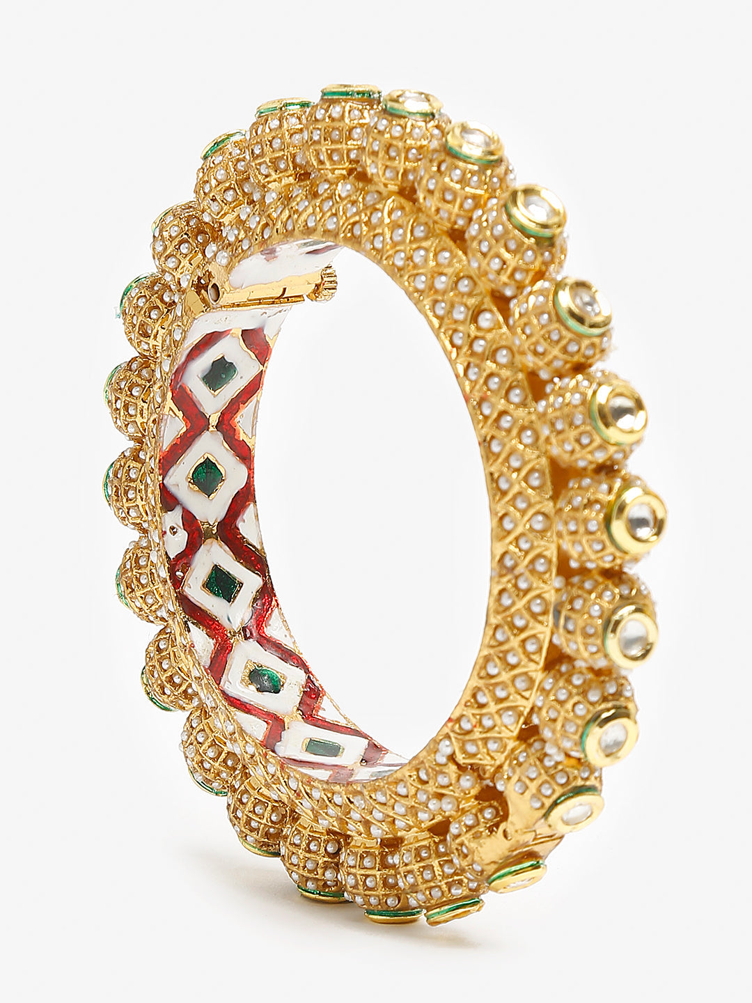 Gold-Polished White Pearl Studded Beaded Bangle - Ruby Raang - Swadesiicart