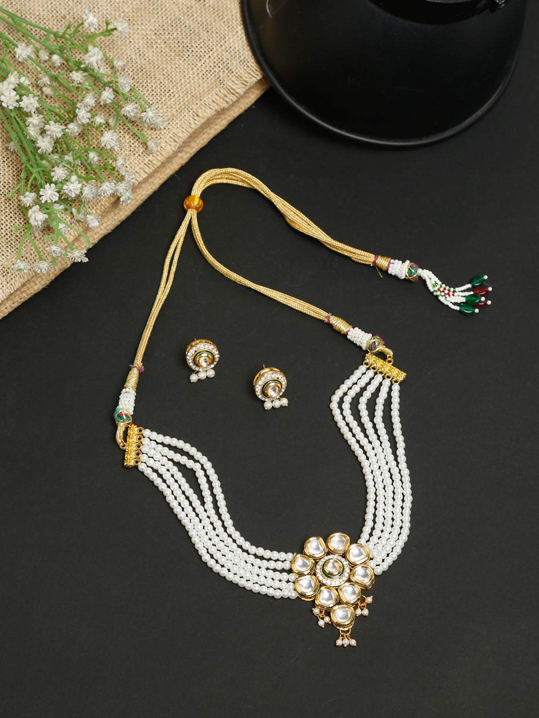 Kundan Choker With Pearls, Earrings - Ruby Raang | Swadesiicart