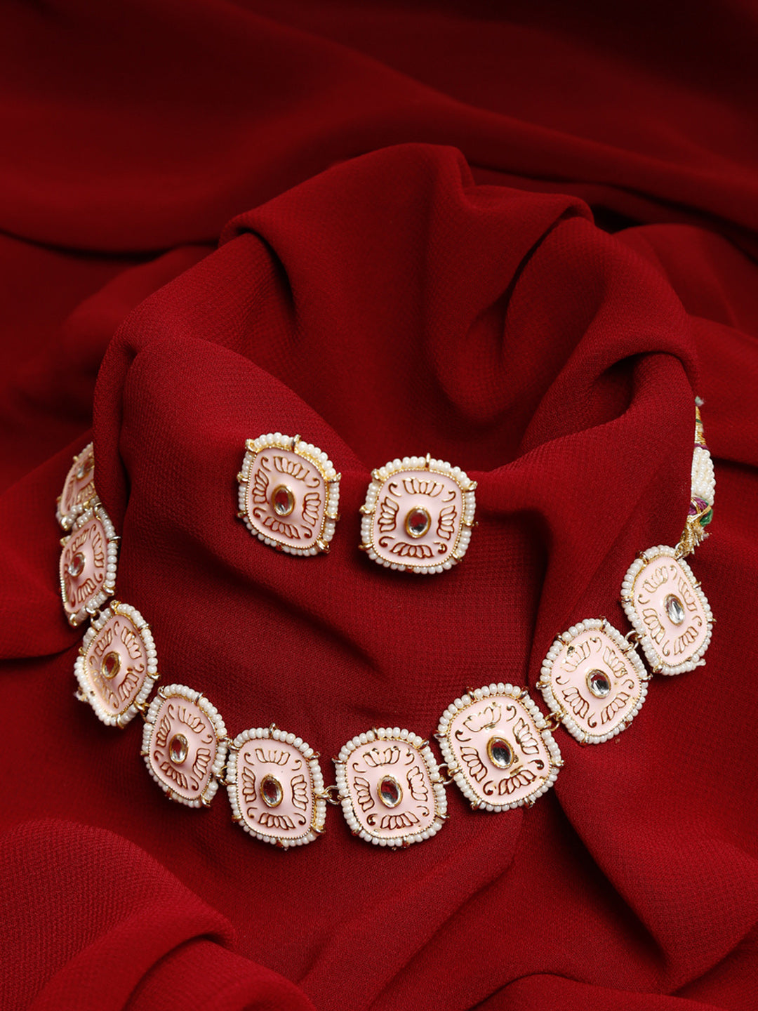 Kundan Choker With Pearls, Earrings & Maang Tikka - Ruby Raang | Swadesiicart