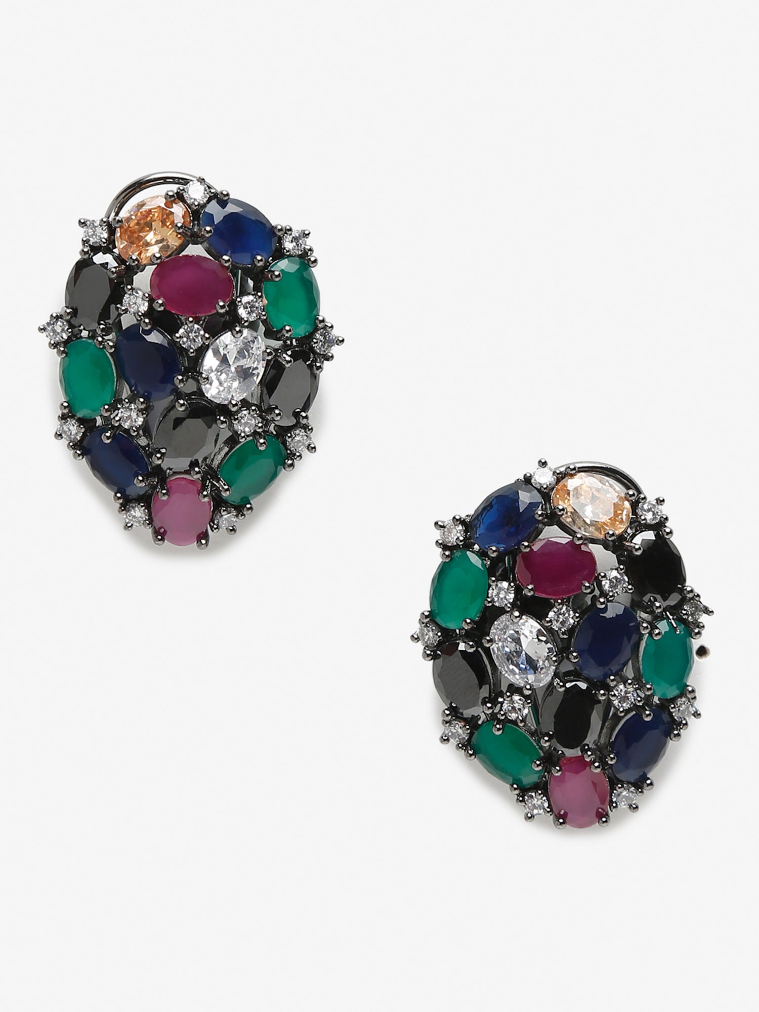 Multicoloured Rhodium-Plated Teardrop Shaped Drop Earrings - Ruby Raang | Swadesiicart