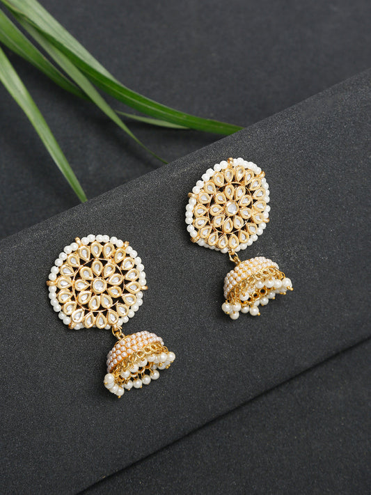 Gold White Kundan Studded Dome Shaped Jhumka Earrings - Ruby Raang | Swadesiicart
