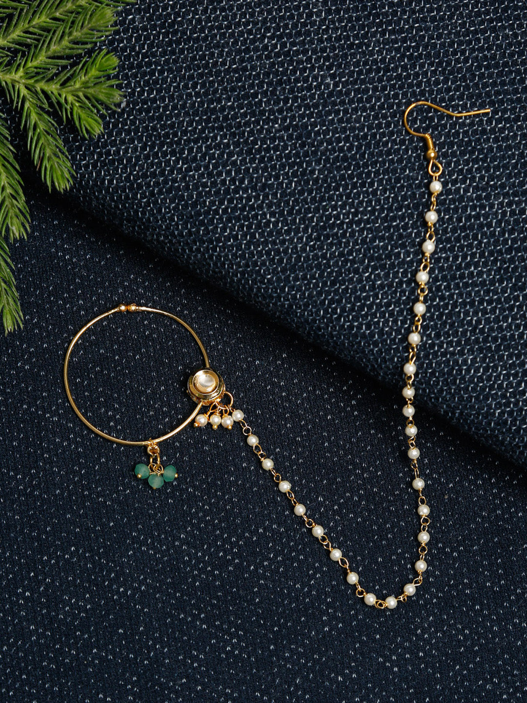 Gold-Polished Kundan Nose Ring - Ruby Raang | Swadesiicart