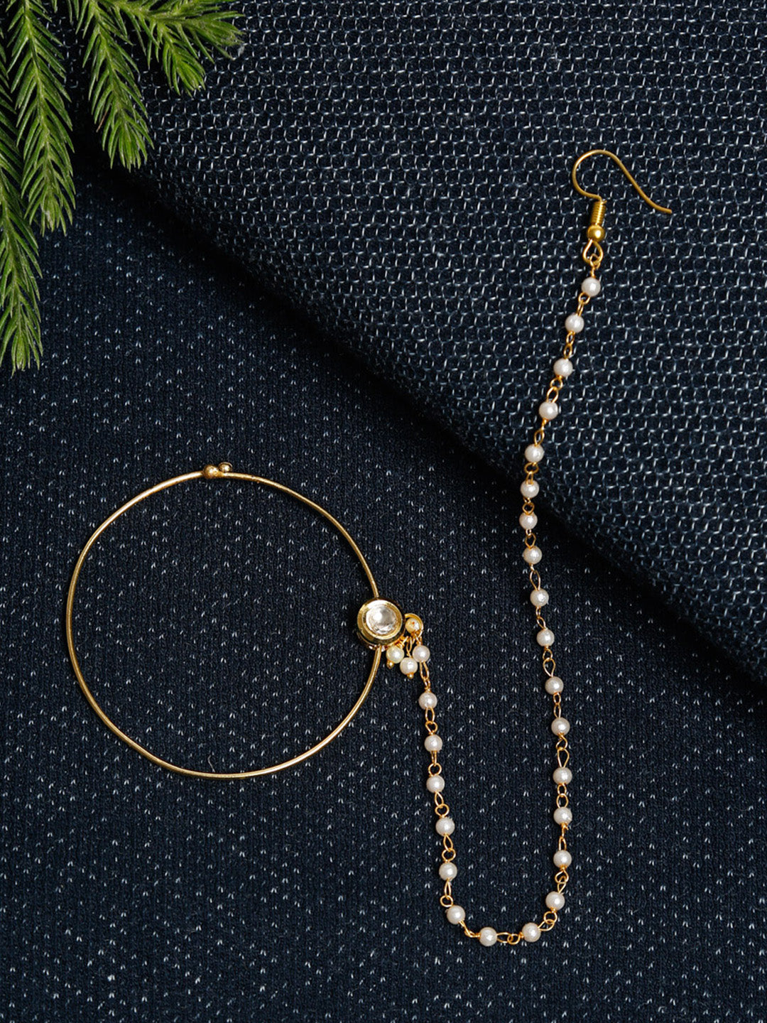 Gold-Polished Kundan Nose Ring - Ruby Raang | Swadesiicart