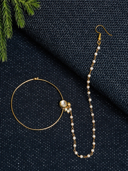 Gold-Polished Kundan Nose Ring - Ruby Raang | Swadesiicart