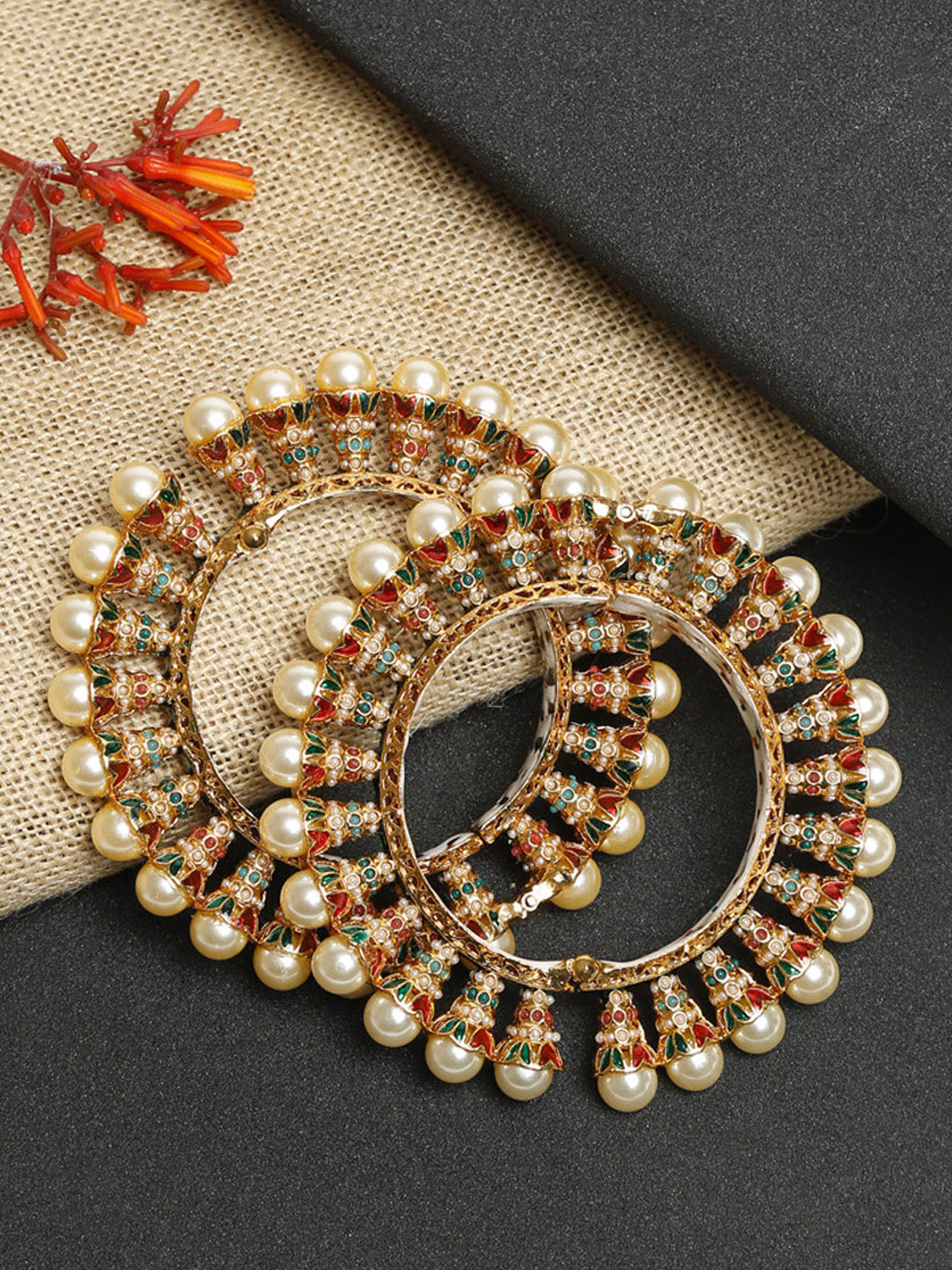 Multi Embellished Bangle Set Of 2 - Ruby Raang - Swadesiicart